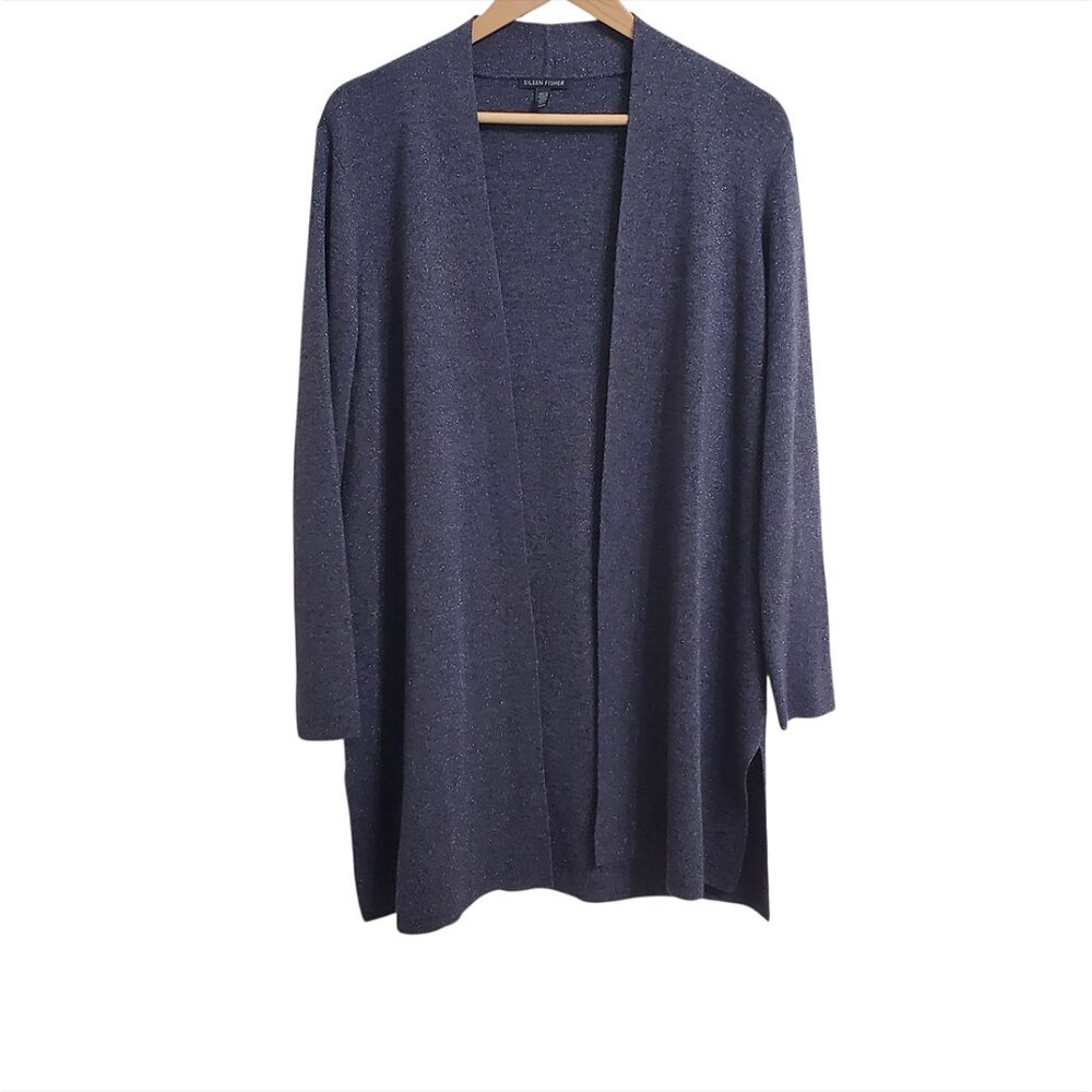 Eileen Fisher Womens Open Front Cardigan M Wool Blend Metallic Longline Purple